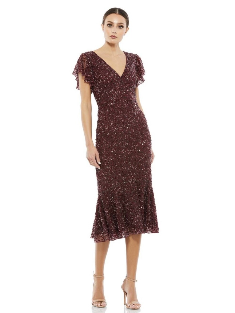 Mac Duggal A10801 NWT Sequined Midi Dress with Flutter Sleeves